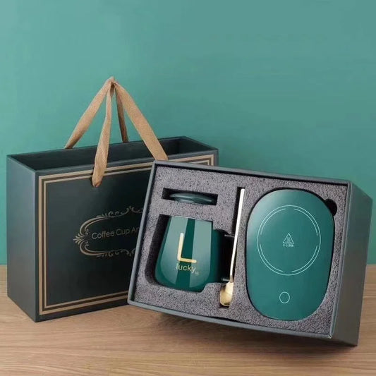Tasse chauffante avec cuillère et base thermostatique – Coffret cadeau en céramique | Idée cadeau originale