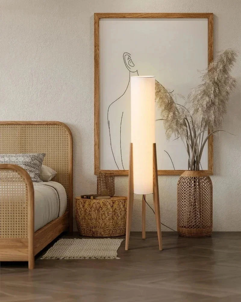 Lampadaire en bois massif style nordique – Abat-jour en tissu beige