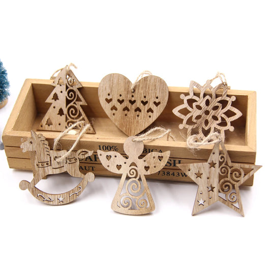 Décorations de sapin en bois – Anges, cœurs, flocons, étoiles et sapins (x6)