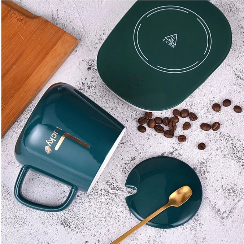 Tasse chauffante avec cuillère et base thermostatique – Coffret cadeau en céramique | Idée cadeau originale