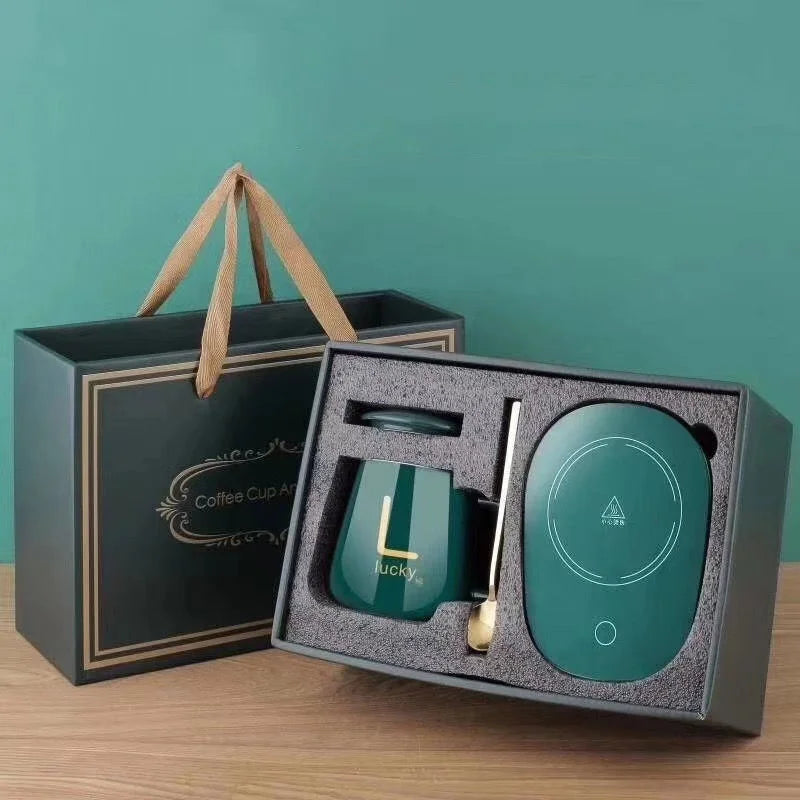 Tasse chauffante avec cuillère et base thermostatique – Coffret cadeau en céramique | Idée cadeau originale