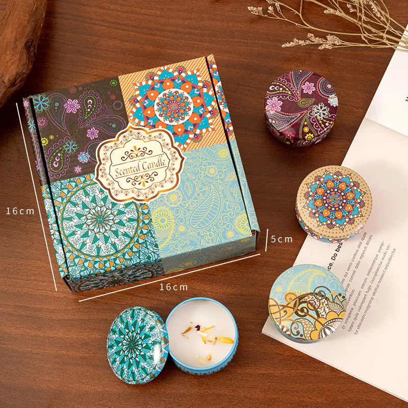 Coffret de 4 bougies parfumées – Motifs ethniques & ambiance chaleureuse