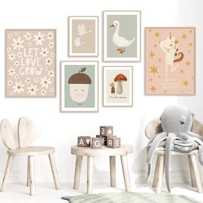 Toiles enfantines canards, marguerites & champignons