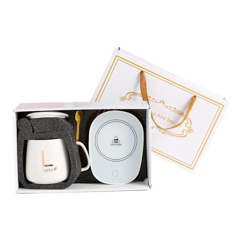 Tasse chauffante avec cuillère et base thermostatique – Coffret cadeau en céramique | Idée cadeau originale