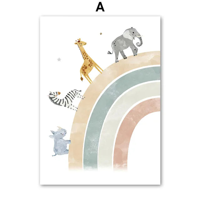 Toiles murales animaux de la savane et arc en ciel