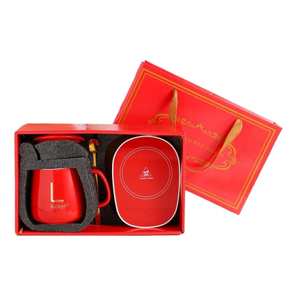 Tasse chauffante avec cuillère et base thermostatique – Coffret cadeau en céramique | Idée cadeau originale