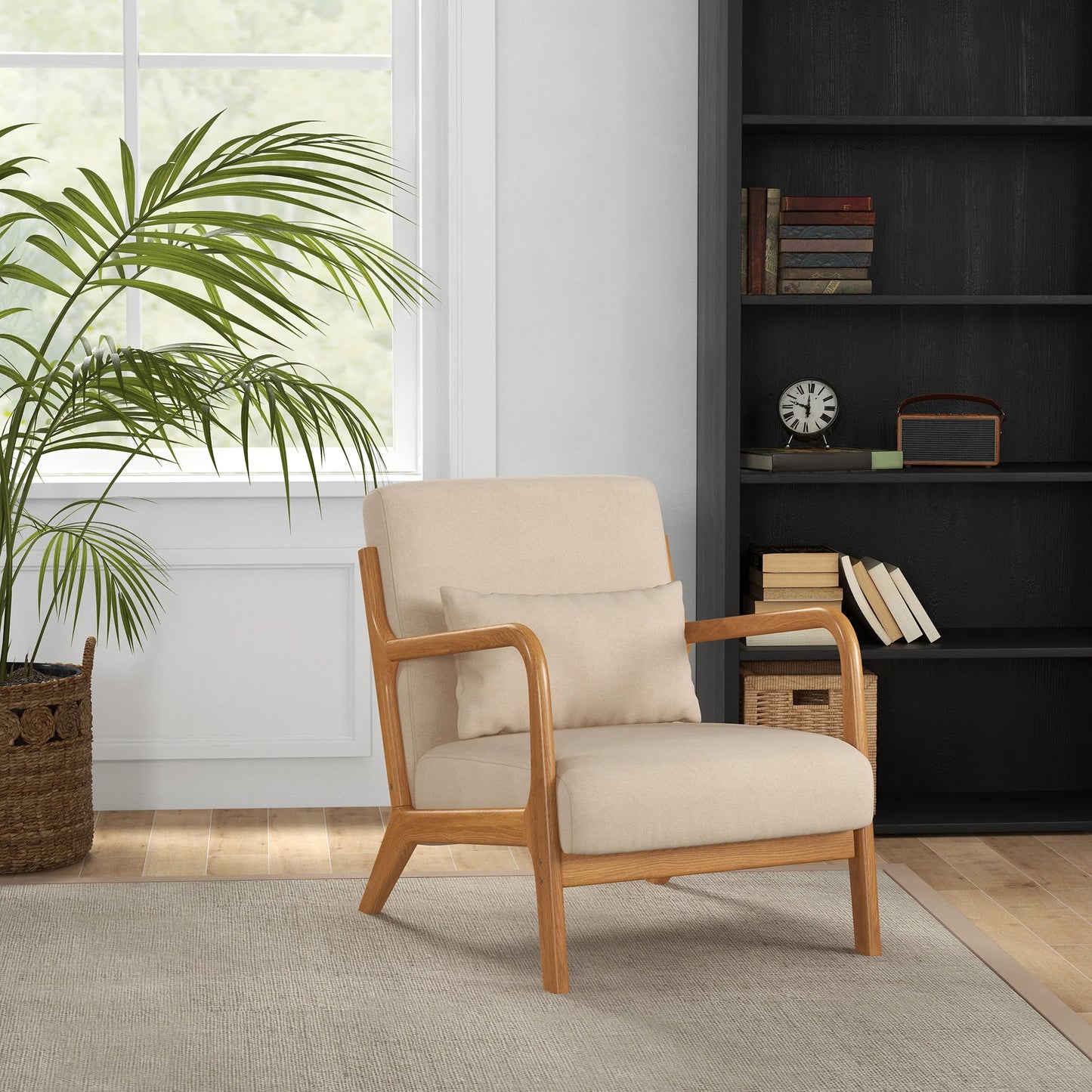 Fauteuil scandinave beige – Tissu doux & pieds en bois clair