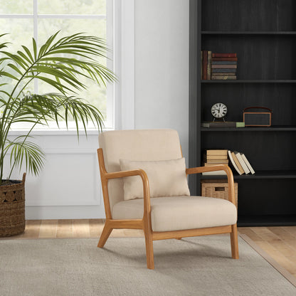 Fauteuil scandinave beige – Tissu doux & pieds en bois clair