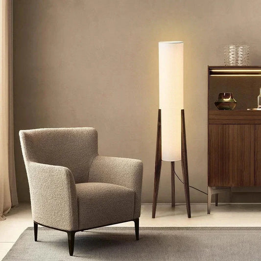 Lampadaire en bois massif style nordique – Abat-jour en tissu beige