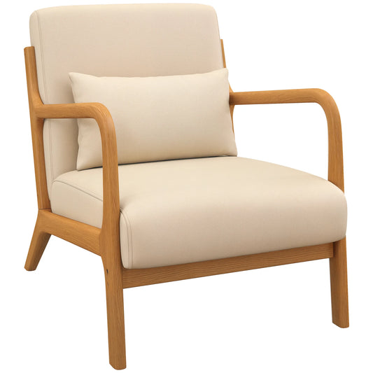 Fauteuil scandinave beige – Tissu doux & pieds en bois clair